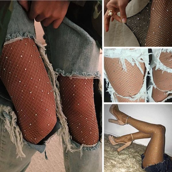 

women's crystal rhinestone fishnet fish net tights high pantyhose thigh-highs long stockings, Black;white
