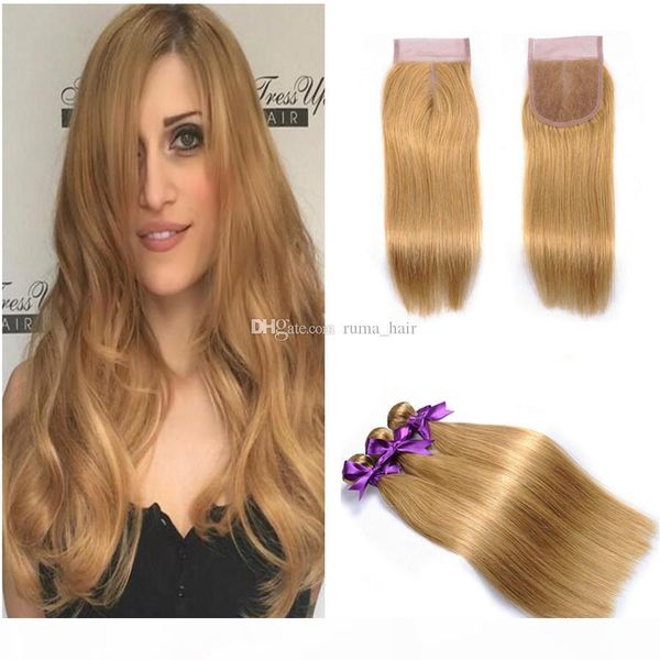 

honey blonde #27 color straight hair weave peruvian virgin hair bundles with lace closure strawberry blonde straight hair weft 4pcs lot, Black;brown