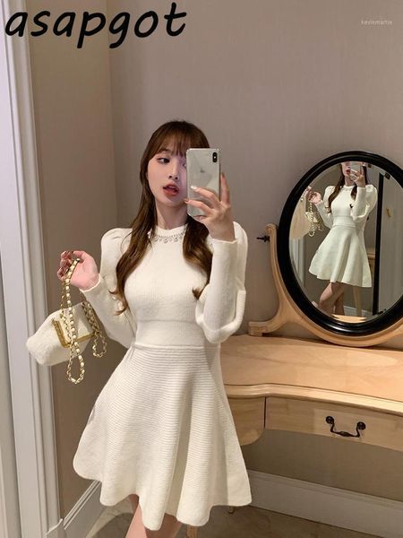 

chic temperament white knitted dress short autumn waist beading o neck puff sleeve sweater dress vestido feminino loose a line1, Black;gray