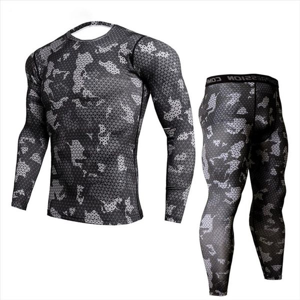 

new fitness camo t shirt men compression shirt 2pcs sets sportswear mma rashguard mens joggers leggings gyms bodybuilding tights, Gray