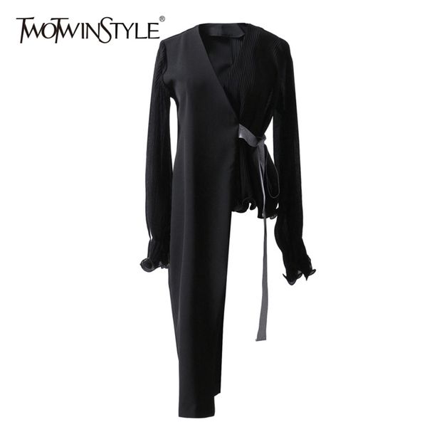 

twotwinstyle asymmetrical blazer female chiffon patchwork v neck lantern sleeve lace up high waist coat women 2020 spring thin lj201214, White;black