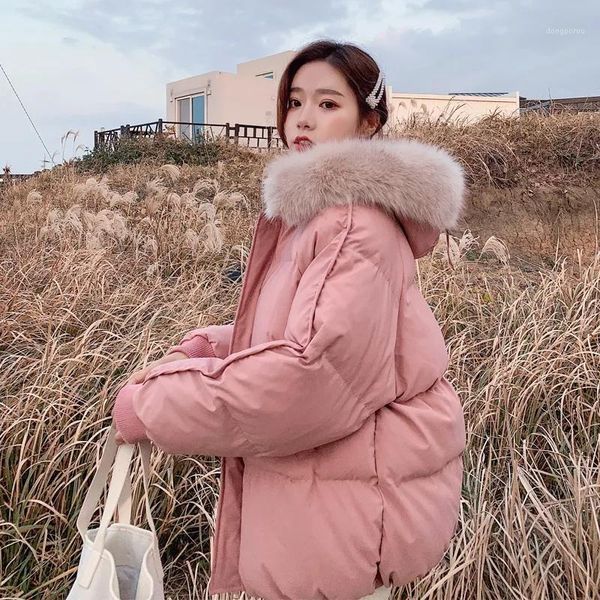 

winter jacket women short down cotton coats parkas female fur collar hooded cotton jacket woman casual loose cotton-padded coats1, Black
