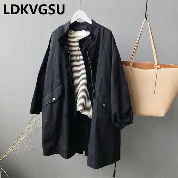

long windbreaker coat female 2020 spring autumn new bf wind drawstring women cotton trench outerwear loose large size is205, Tan;black