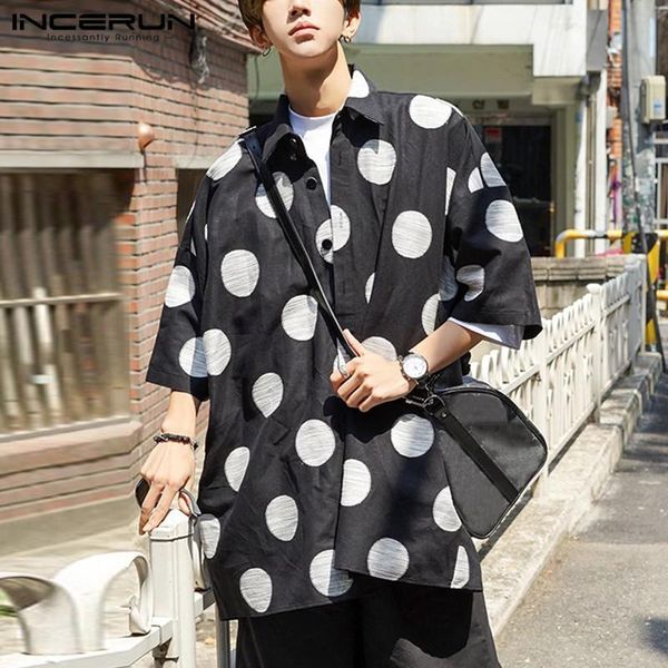 

incerun men causal polka dots shirts half sleeve lapel neck camisa man korean style loose shirts buttons blouse streetwear s-3xl, White;black