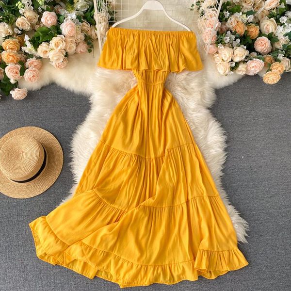 

women summer off shoulder maxi dress solid ruffles dress elegant romantic a line korean slash neck long robe, Black;gray