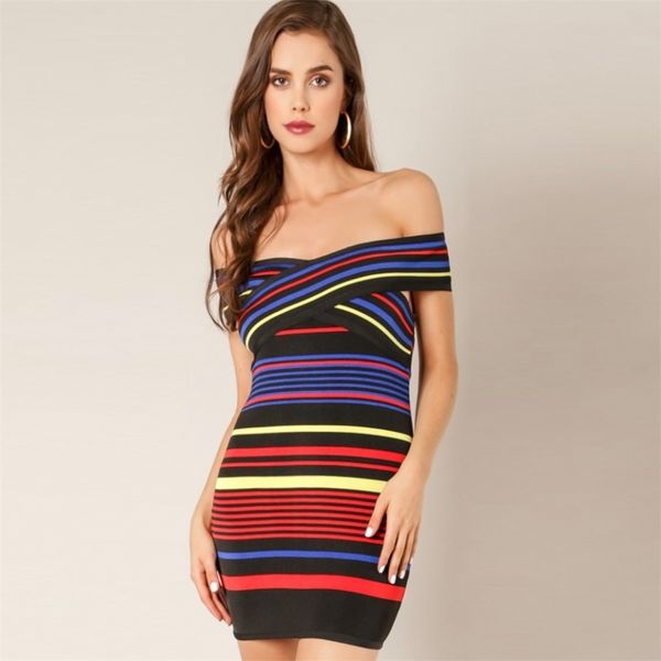 

2020 style new rainbow color rayon bandage dress women party short dressed sales vxyt, Black;gray