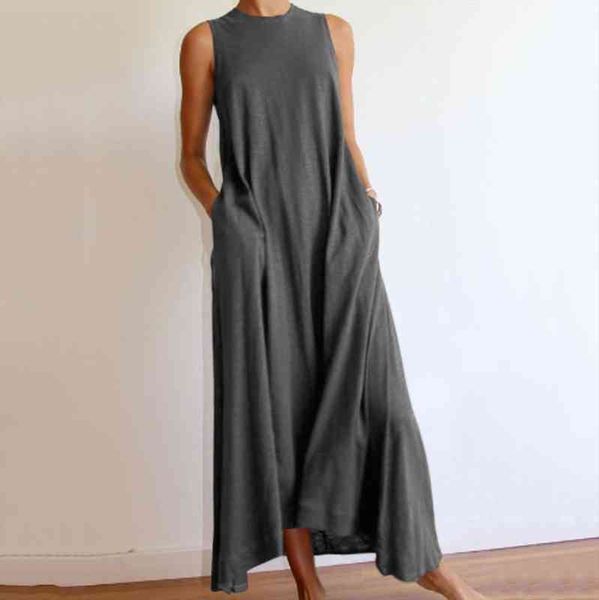 

summer fashion casual comdy long dress women loose solid color sleeveless pockets ankle-length dresses daily wear dress, Black;gray