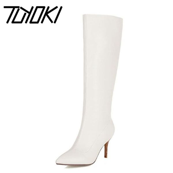

tuyoki size 34-43 women knee boots pointed toe thin high heel slip on shoes warm winter boots women fashion party footwear, Black