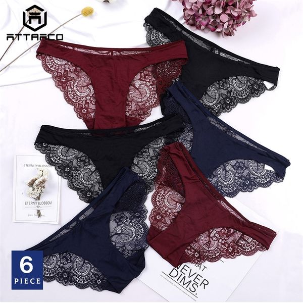 

attraco women hipster underwear string pantie briefs cotton 6 pack cueca calcinha tanga thong lace edge breathable transparent y200425, Black;pink