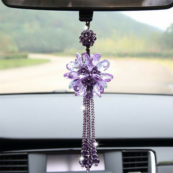 

wholesale purple crystal flower car hanging umbrella car rear view mirror car pendant