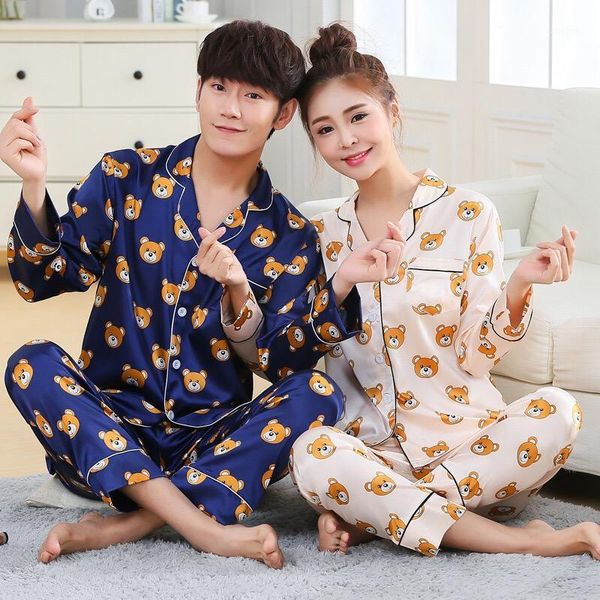 

couples pajamas sets men women long sleeve sleepwear long pants cartoon bear sleepwear nightshirt soft faux silk satin homewear1, Black;red