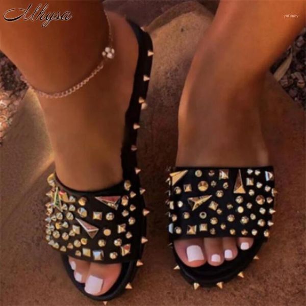 

sandals 2021 women ladies summer shoes open toe casual black rivet flat serpentine crystal sandalias1