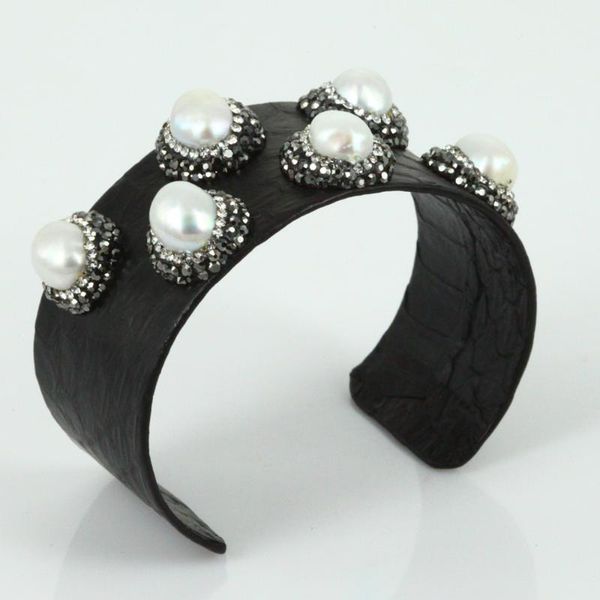 

bangle real black snake leather pave natural freshwater pearl charms adjustable open big wide bangles cuff women 2021 luxury jewelry