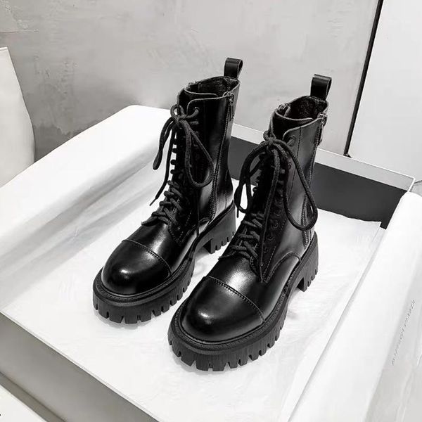 

boots women motorcycle shoes platforms wedges female lace up leather oxford high heels mujer1, Black
