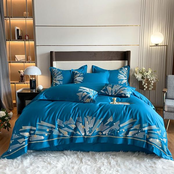 Set di biancheria da letto di lusso 1000TC Cotone egiziano Stella d'oro Ricamo Set Trapunta / Copripiumino Consolatore da letto Federe di lino 4 pezzi