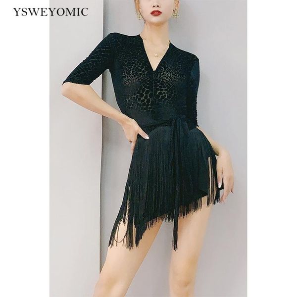 

stage wear 2021 latin dance dress women fringe v-neck tassel skirts competition practise dresses for lady, Black;red