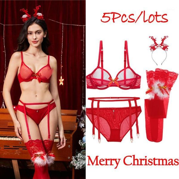 

merry christmas lady bra underwear garter stockings antler headband 5 pieces of the birth year red suit1, Red;black
