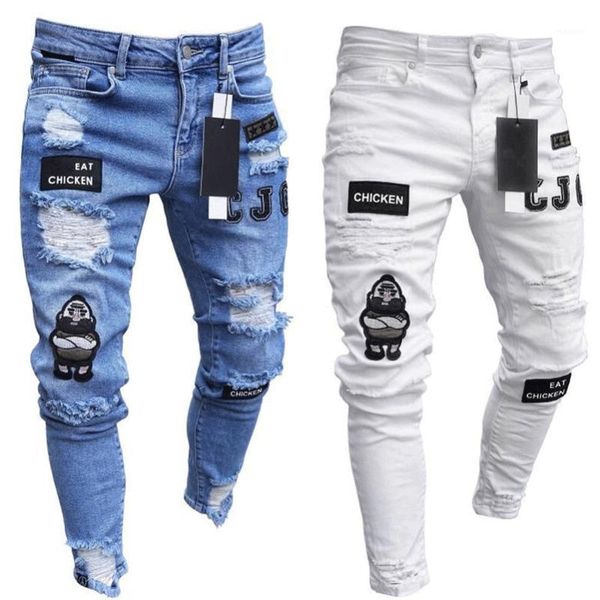 

mens cool designer brand black jeans skinny ripped destroyed stretch slim fit hop hop pants with holes for men1, Blue
