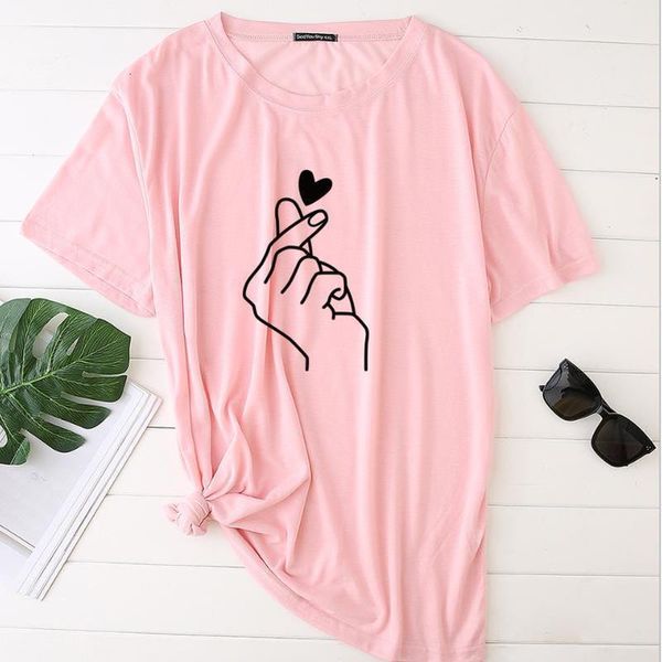 

finger heart print t shirt women short sleeve o neck loose tshirt 2020 summer women tee shirt camisetas mujer, White
