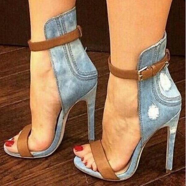 

2021 new designer shoes denim ankle wrap fashion sandals super high stiletto heel chic sandals high heels women party shoes, Black