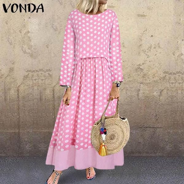 

vonda женщин с длинным рукавом sundress винтаж в горошек print print prom pree pressions свободные плиссированные длинные богемные vestidos, Black;gray
