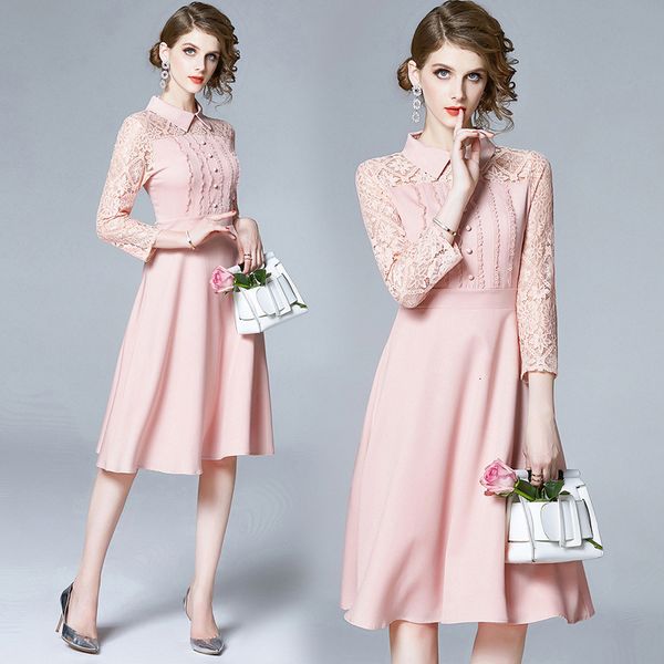

2021 new solid pink fit and flare summer women wrist sleeve peter pan collar lace patchwork a-line sweet button trim ladies emmv, Black;gray