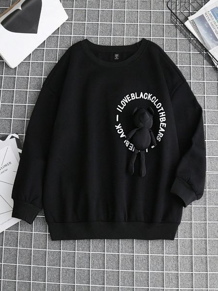 

plus bear patched slogan graphic thermal pullover o4ij#, Black