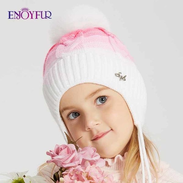

enjoyfur winter knit hats for kids real fur fox pompom grils boys babies wool bonnets warm cute patchwork color children beanies y201024, Blue;gray