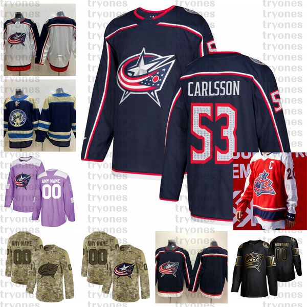 

2021 reverse retro customize #53 gabriel carlsson columbus blue jackets jerseys golden edition camo veterans day fights cancer hockey jersey, Black;red