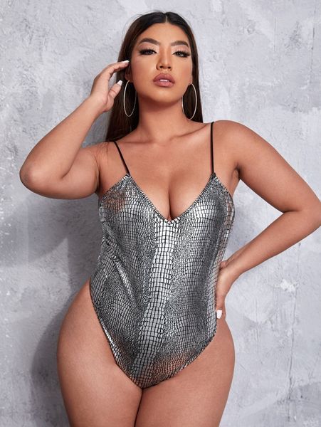 

plus crocodile embossed cami bodysuit q1xe#, Black