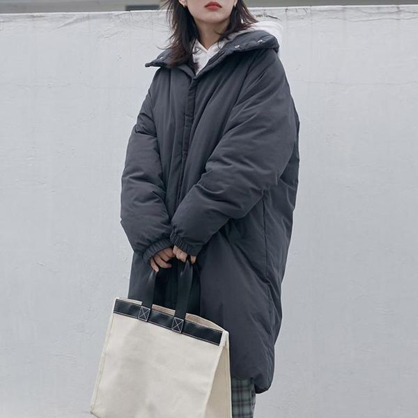 

women's down & parkas women 2021 cotton padded jackets long korean fashion hoodless pure color black simple preppy style casual chic