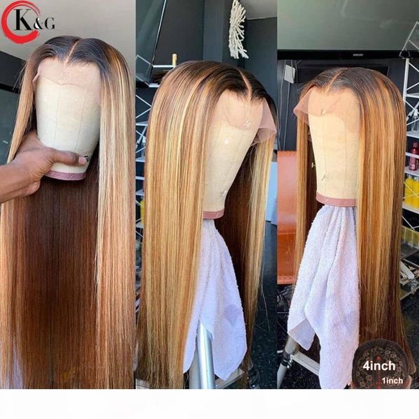 

kungang highlight straight t-part lace front human hair wigs 150% density scalp closure wigs with baby hair non-remy, Black;brown