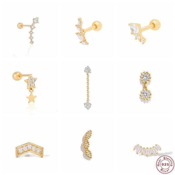 

100% real 925 sterling silver fine earring earlobe buckle piercing stud earring for ladies woman cz cartilage earrings jewelry, Golden;silver