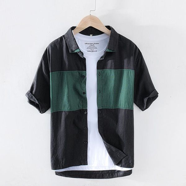 

retro contrast color stitching short sleeve 100%pure linen shirt men's casual art slim fit black clothing y2621, White;black