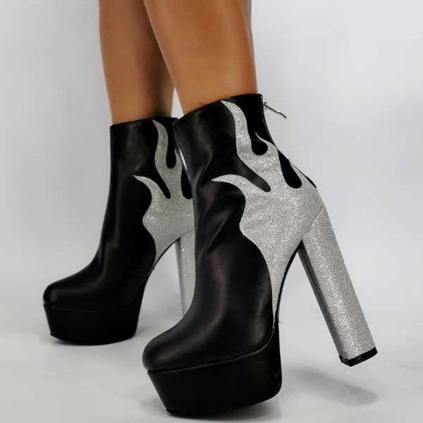 

boots customized big size 43 beautiful black silver contrast color fire print platform high chunky heel women winter ankle