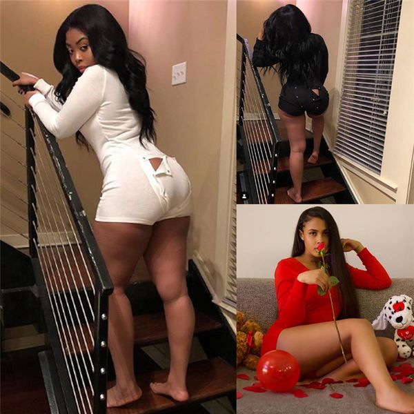 

women ladies bodycon romper jumpsuit sleepwear home wear v-neck boduycon button long sleeve leotard playsuit bodysuit 2019, Black;white