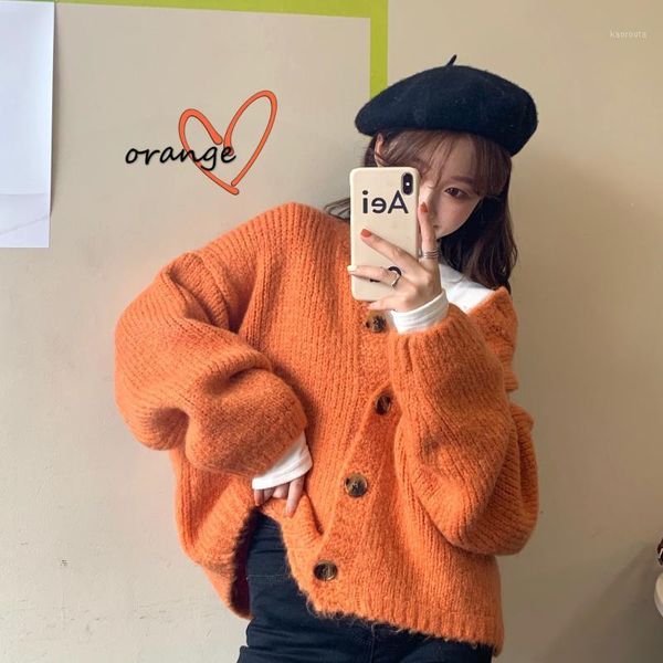 

2020 new fashion autumn sweater loose korean knit casual solid color cardigan coat ins long sleeve button jacket chic jumper1, White