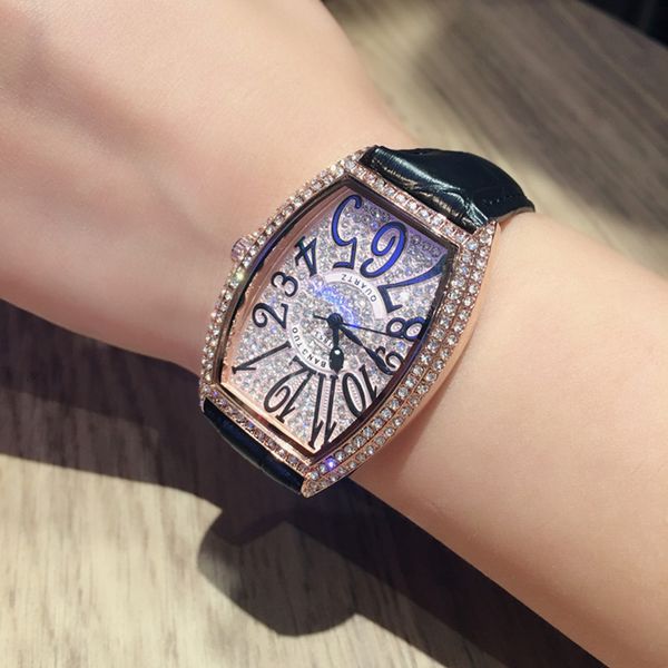 

couple watch wine barrel rose gold shell multi color belt quartz movement full zircon watch waterproof women's, Slivery;brown