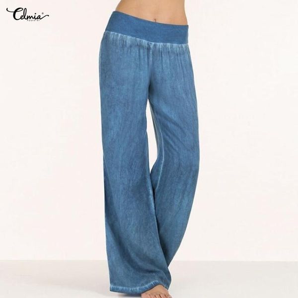 

celmia women denim wide leg pants elastic high waist palazzo jeans blue casual long trouser pantalon 2020 summer plus size pants1, Black;white