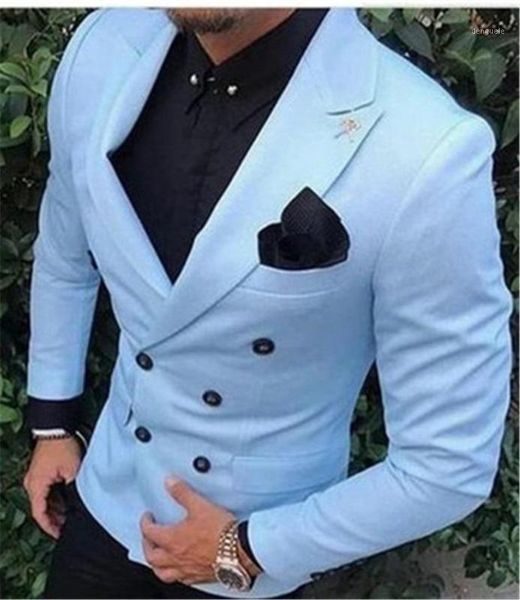 

2020 latest custom design 2 pieces light blue jacket /black pants men's slim double-breasted wedding ball gown man suits1, White;black