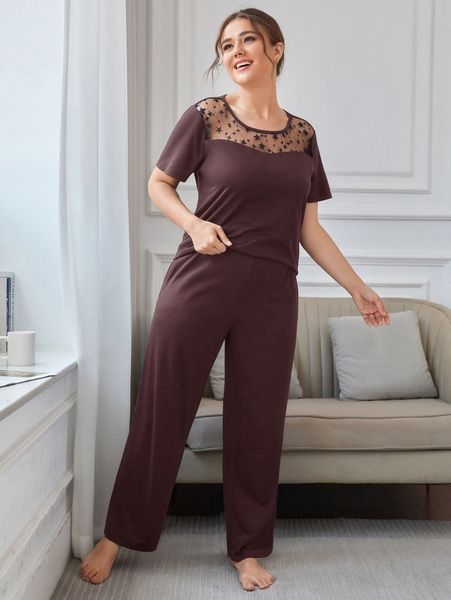 

plus contrast star mesh & pants pajama set 105h#, Black;white