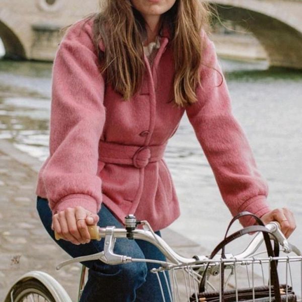 

women's wool & blends women woolen coat turn-down collar single-breasted lace-up jacket with pockets 2021 female pink outwear top, Black