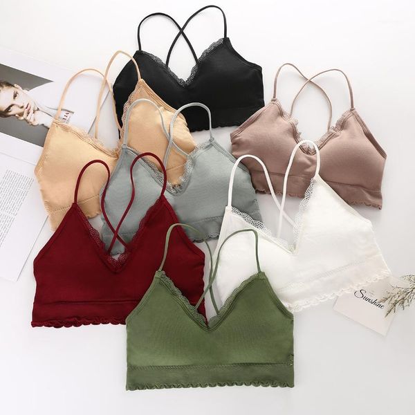 

linbaiway women lace bra underwear push up bralette cross strap deep v-neck tank camis wireless lingerie brassiere1, Red;black