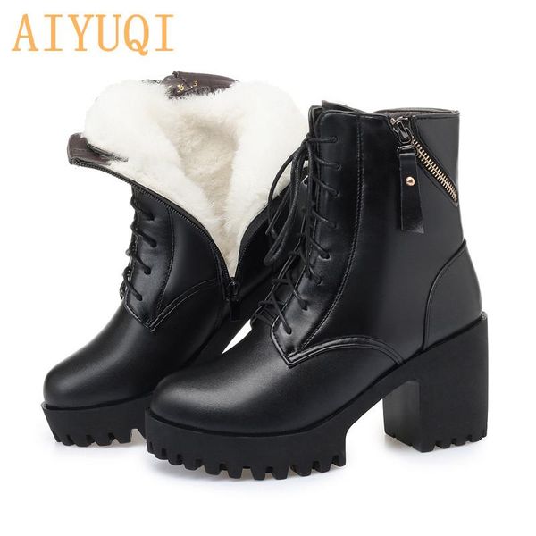 

boots aiyuqi women's ankle patform 2021 genuine leather women wool large size high heel red winter, Black