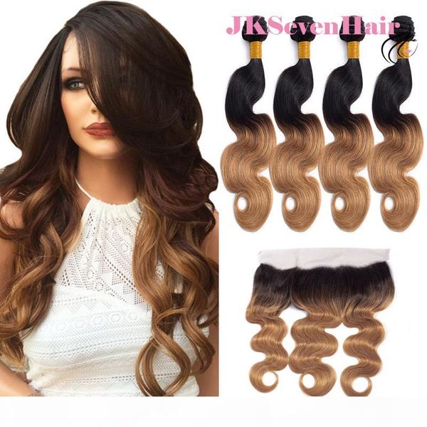 

1b honey blonde body wave peruvian virgin hair extensions 4pcs with 13x4inch lace frontal dark root 27 brazilian indian malaysian hair wefts, Black