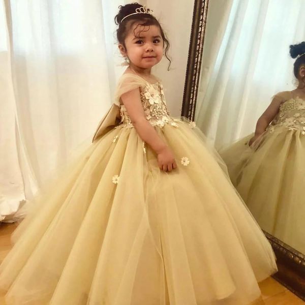 

fashion champagne flower girls dresses for wedding 2021 ball gown tulle 3d floral flowers pearls juniors bridesmaid prom formal dresses, White;blue