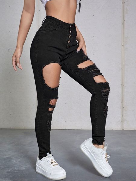 

ripped button detail jeans q1tc#, Blue