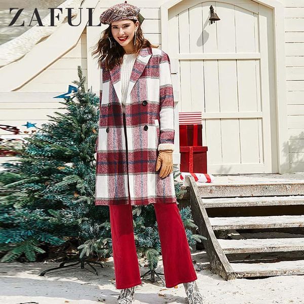 

zaful women coat outerwear 2019 winter warm christmas clothing plaid double breasted wool blend coat elegant female long coats1, Black
