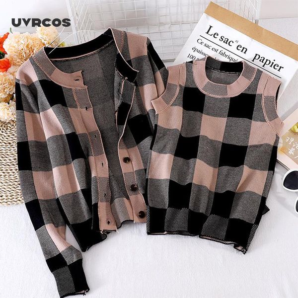 

uvrcos two piece set women autumn high street elegant plaid sweater cardigans coat + knitted vest 2020 women outwear clothes, White