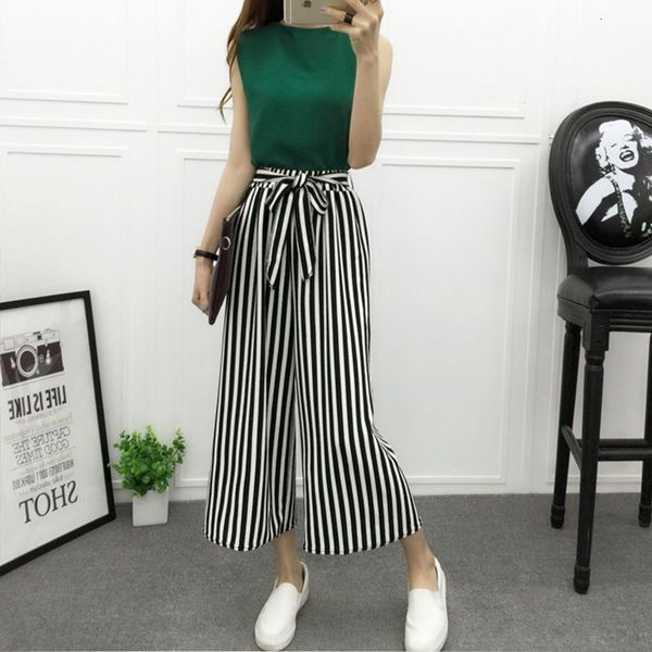 

bottoming sensation wide-leg pants female student 2018 new black and white strips elastic waist loose fashion casual pants, Black;white